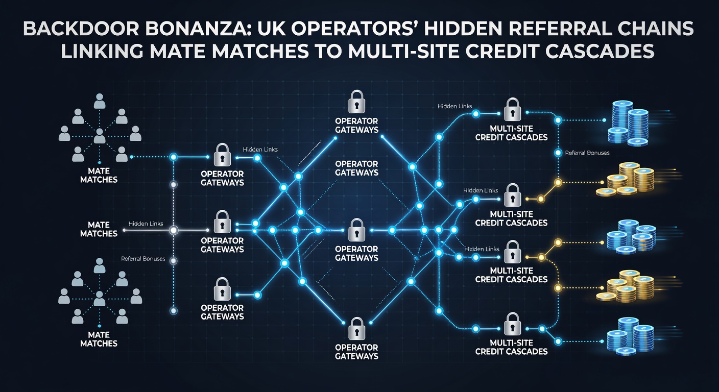 Network diagram showing interconnected referral chains across UK gambling sites with arrows linking mates to cascading credits