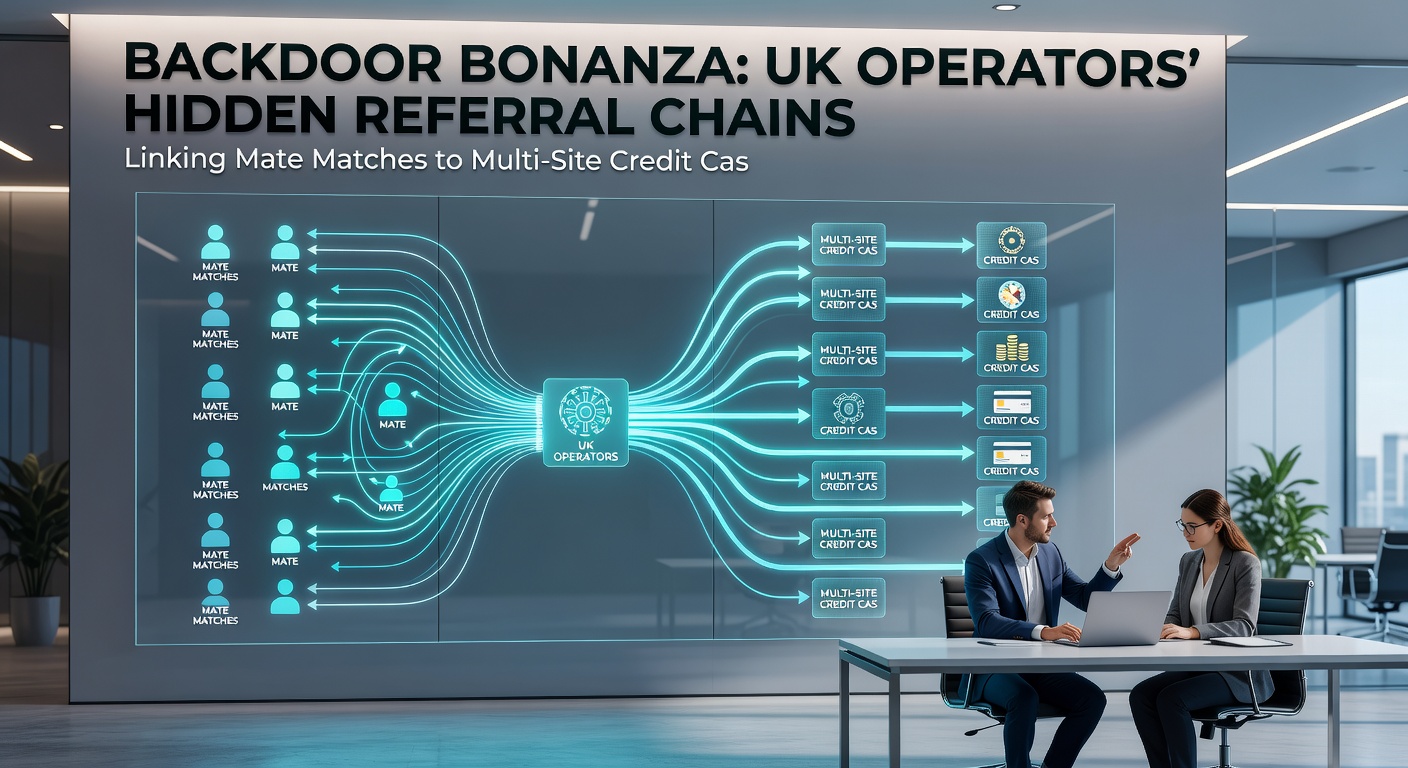 Flowchart illustrating credit cascades from one referral across multiple UK gambling platforms, with bonus icons multiplying