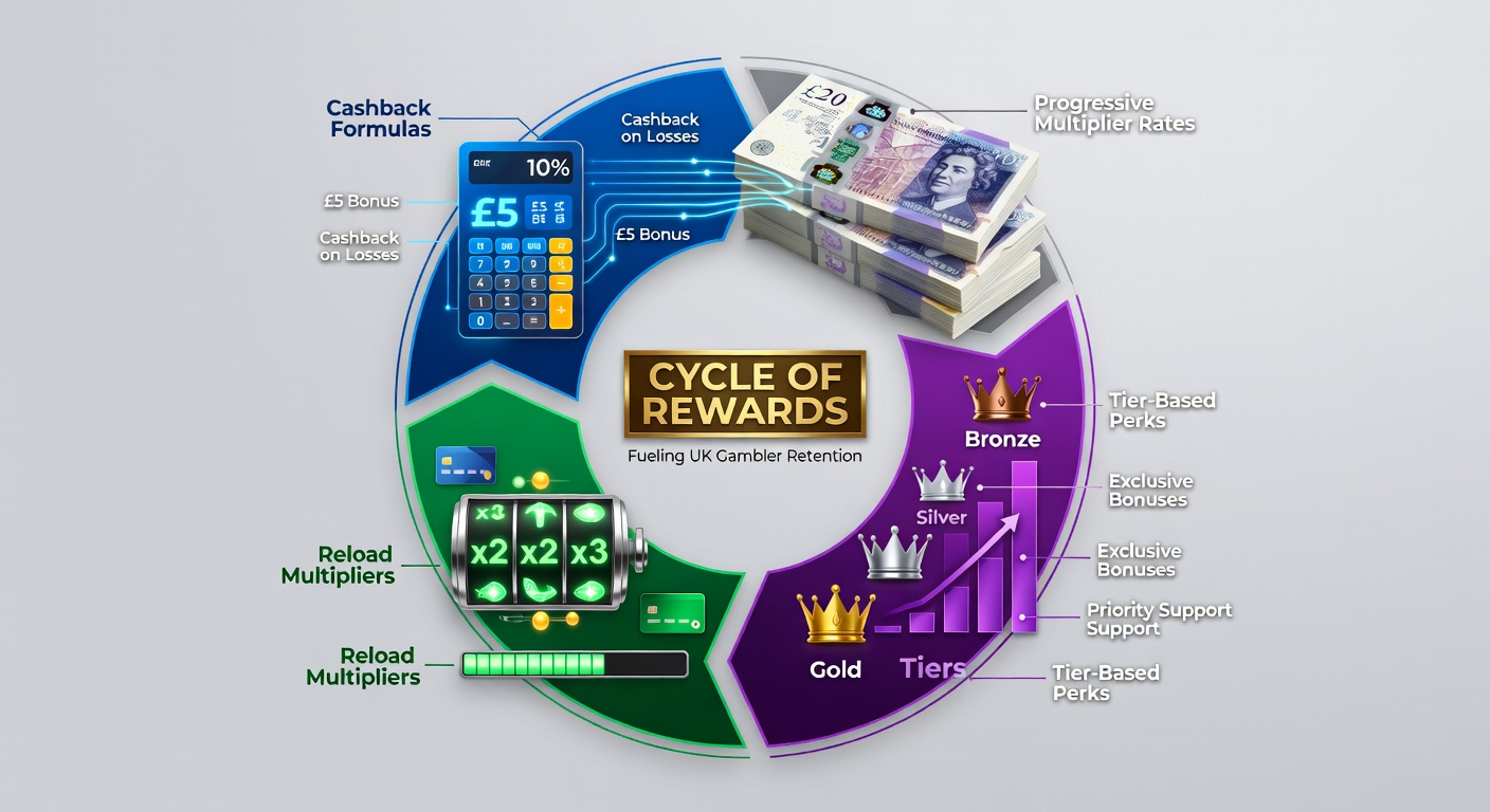 Illustration of a cyclical reward system with cashback loops, multiplier arrows, and escalating VIP ladders in a vibrant gambling interface