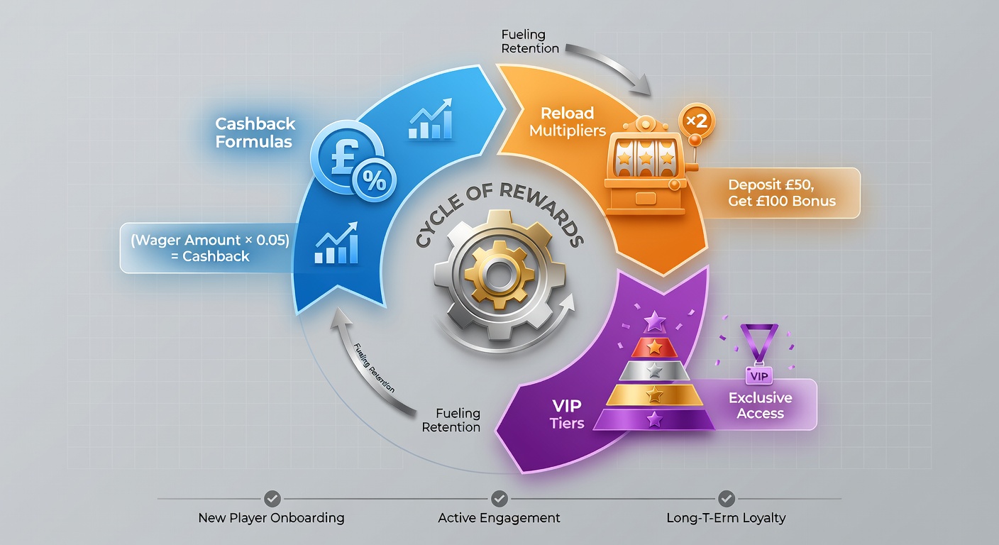 Graphic depicting reload multipliers as speeding arrows boosting deposit values, intertwined with cashback loops and VIP staircases on a UK-themed betting dashboard