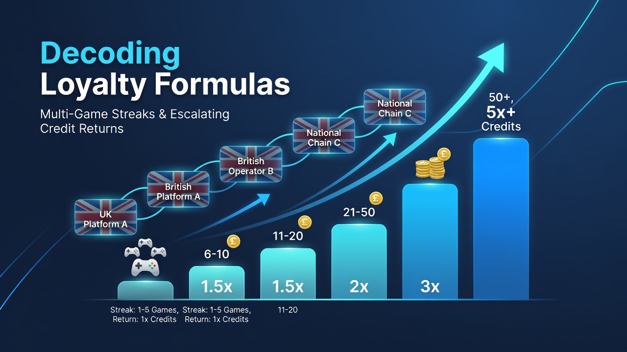British gambling platforms displaying loyalty streak trackers and escalating credit rewards for multi-game sessions