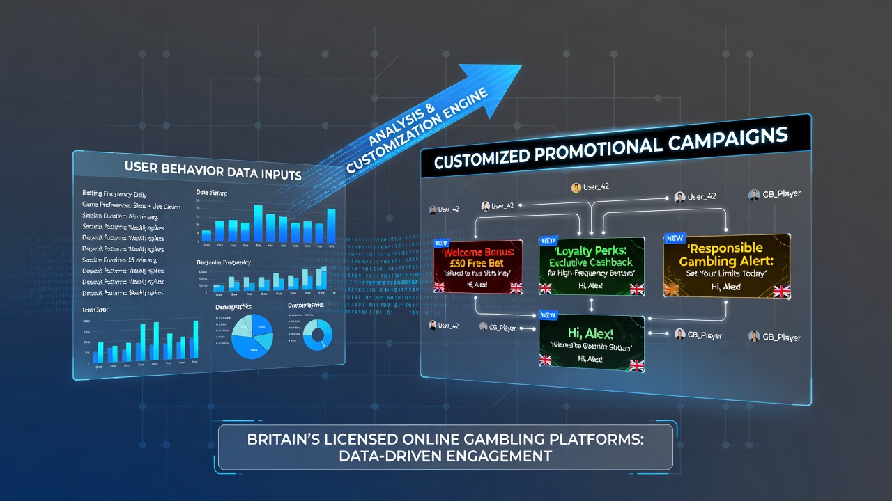 Dashboard showing user behavior analytics driving personalized promotions on a UK online gambling platform