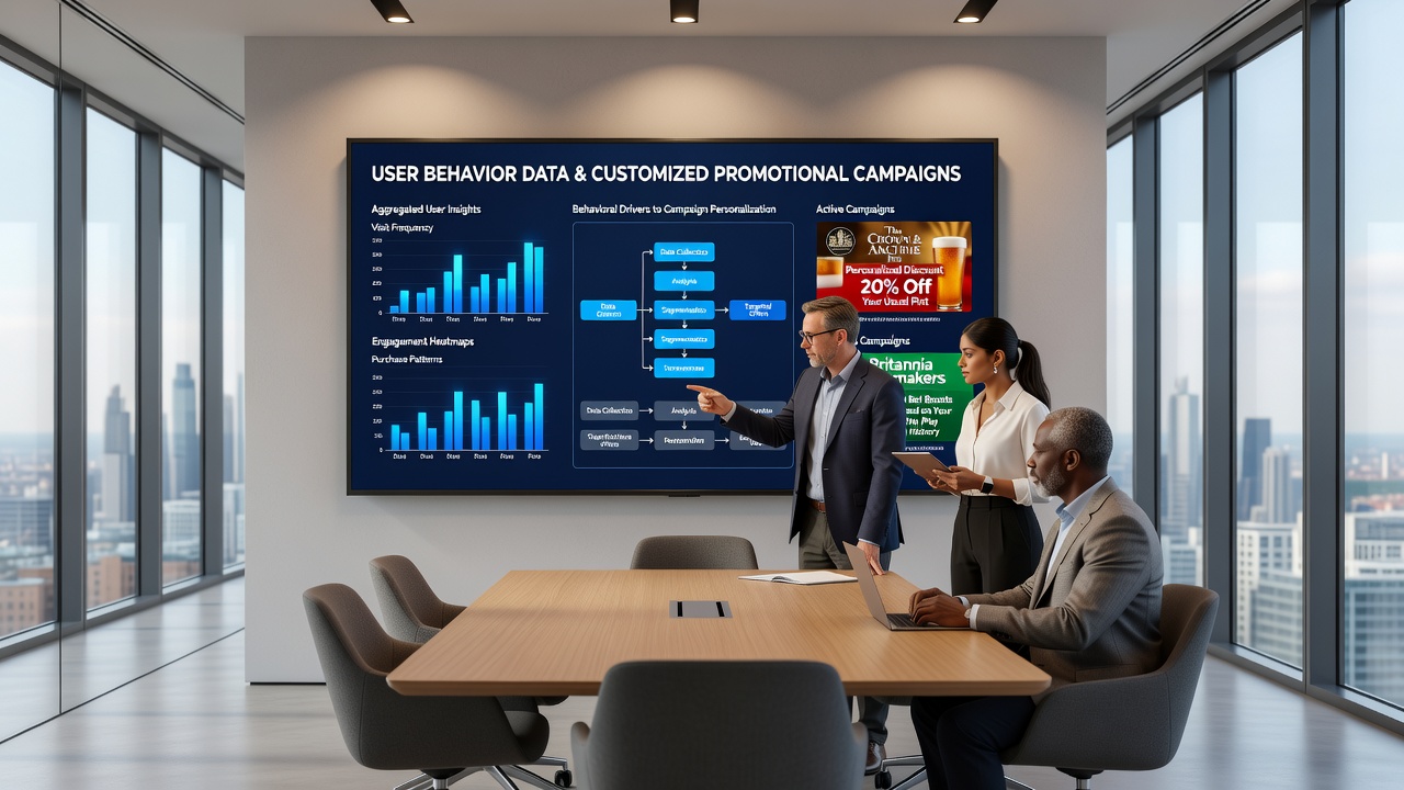 Analytics team reviewing user data visualizations for targeted gambling promotions