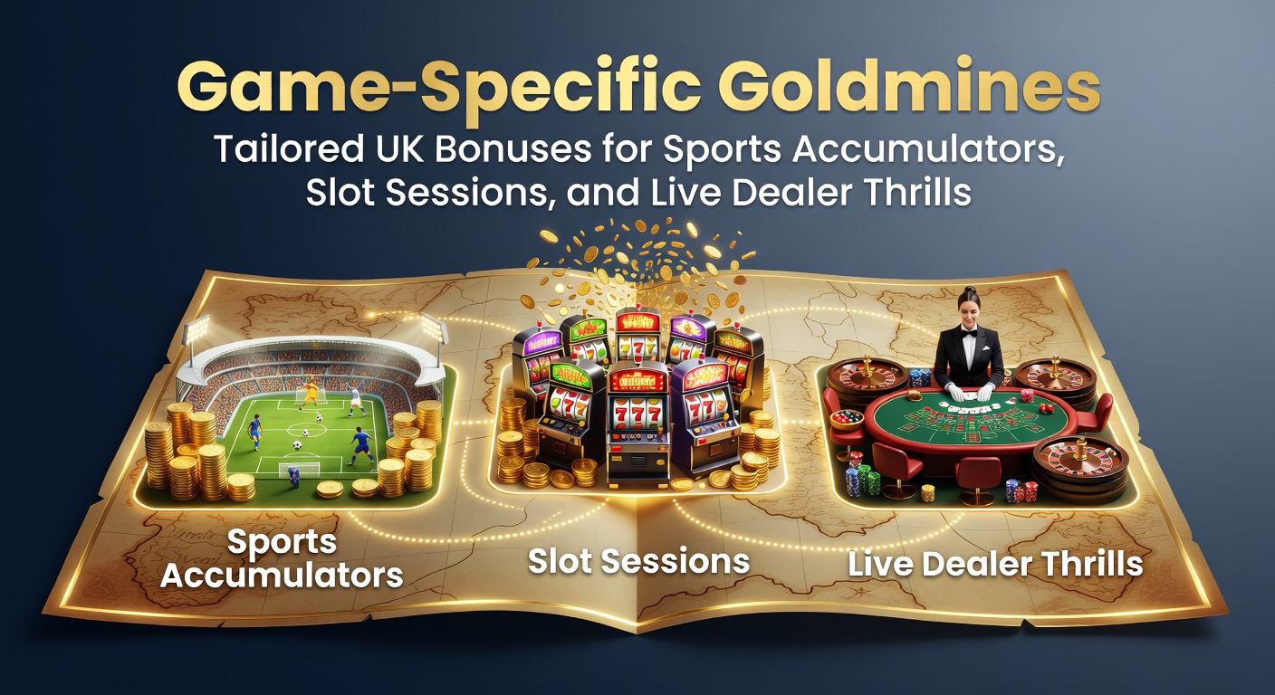Vibrant graphic showcasing sports betting accumulators with stacked odds boosts, colorful slot reels spinning free bonuses, and live dealer tables with enhanced chip stacks, highlighting UK-tailored promotions