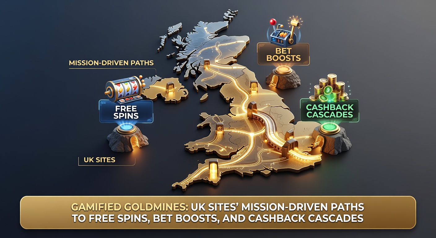 UK gambling site dashboard showing mission progress bars, badges, and reward icons for free spins and bet boosts