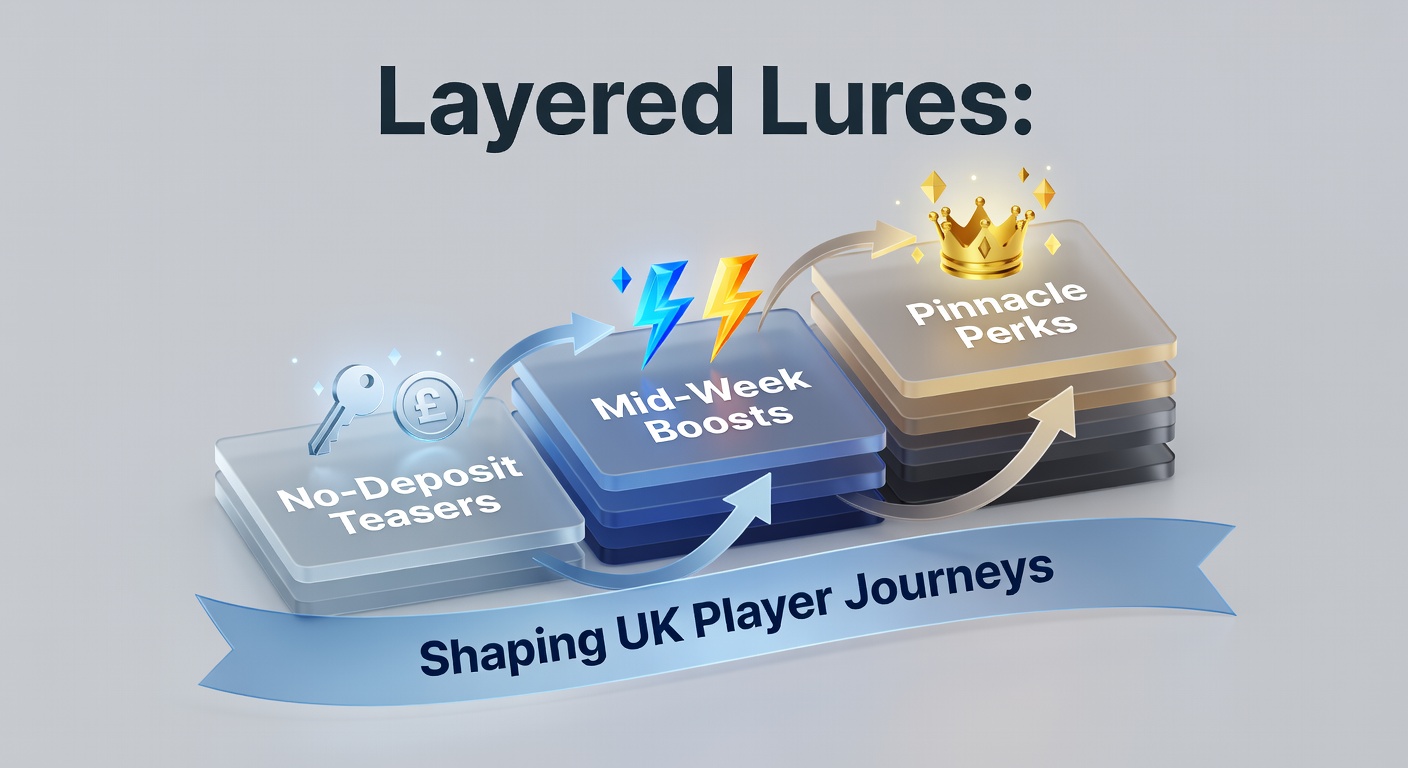 Vibrant graphic showing layered promotional icons like free spins, cash boosts, and VIP keys enticing players into UK online gambling platforms