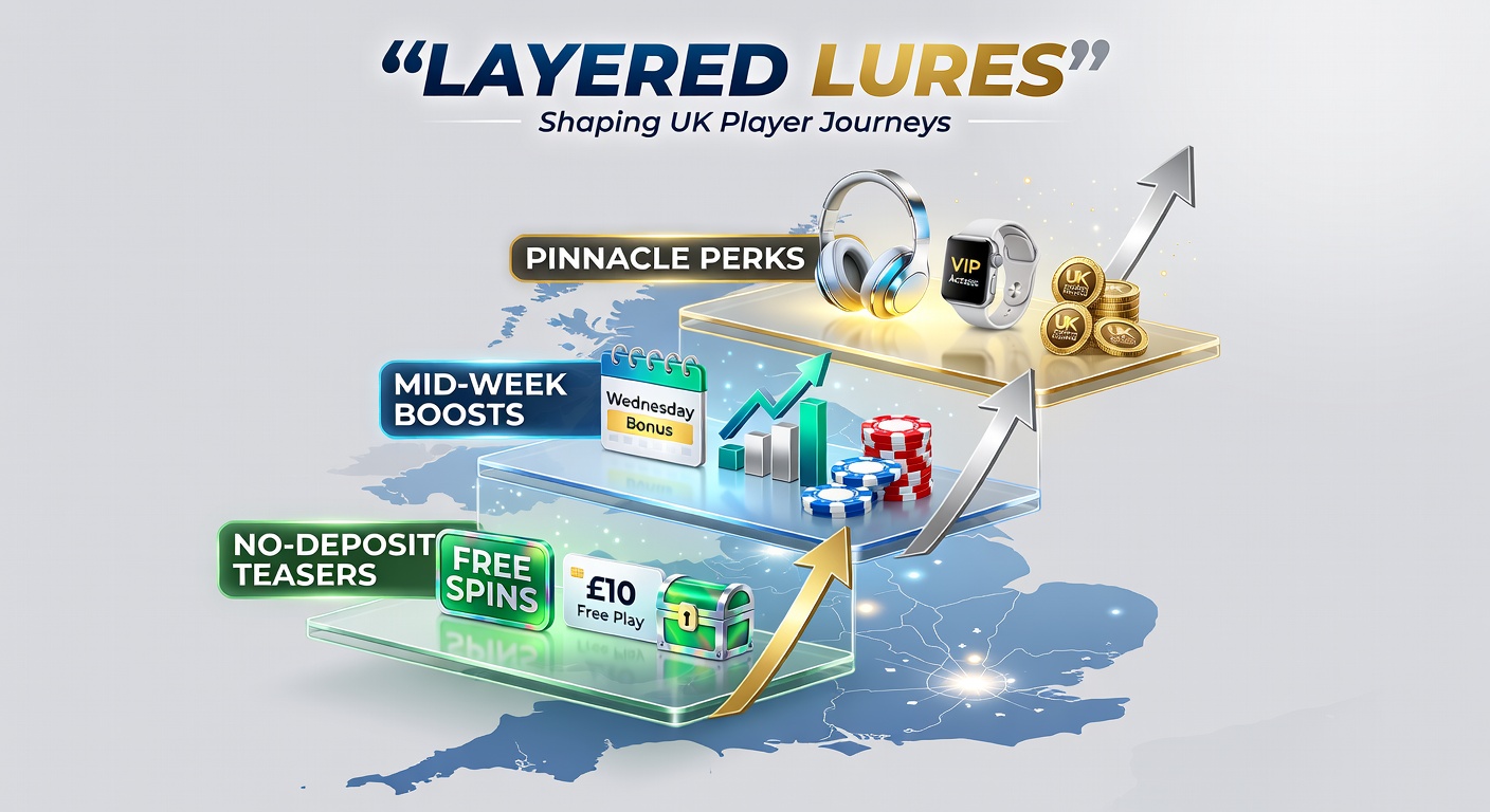 Dynamic image depicting a player journey timeline from no-deposit entry to VIP perks with mid-week boosts highlighted in the center