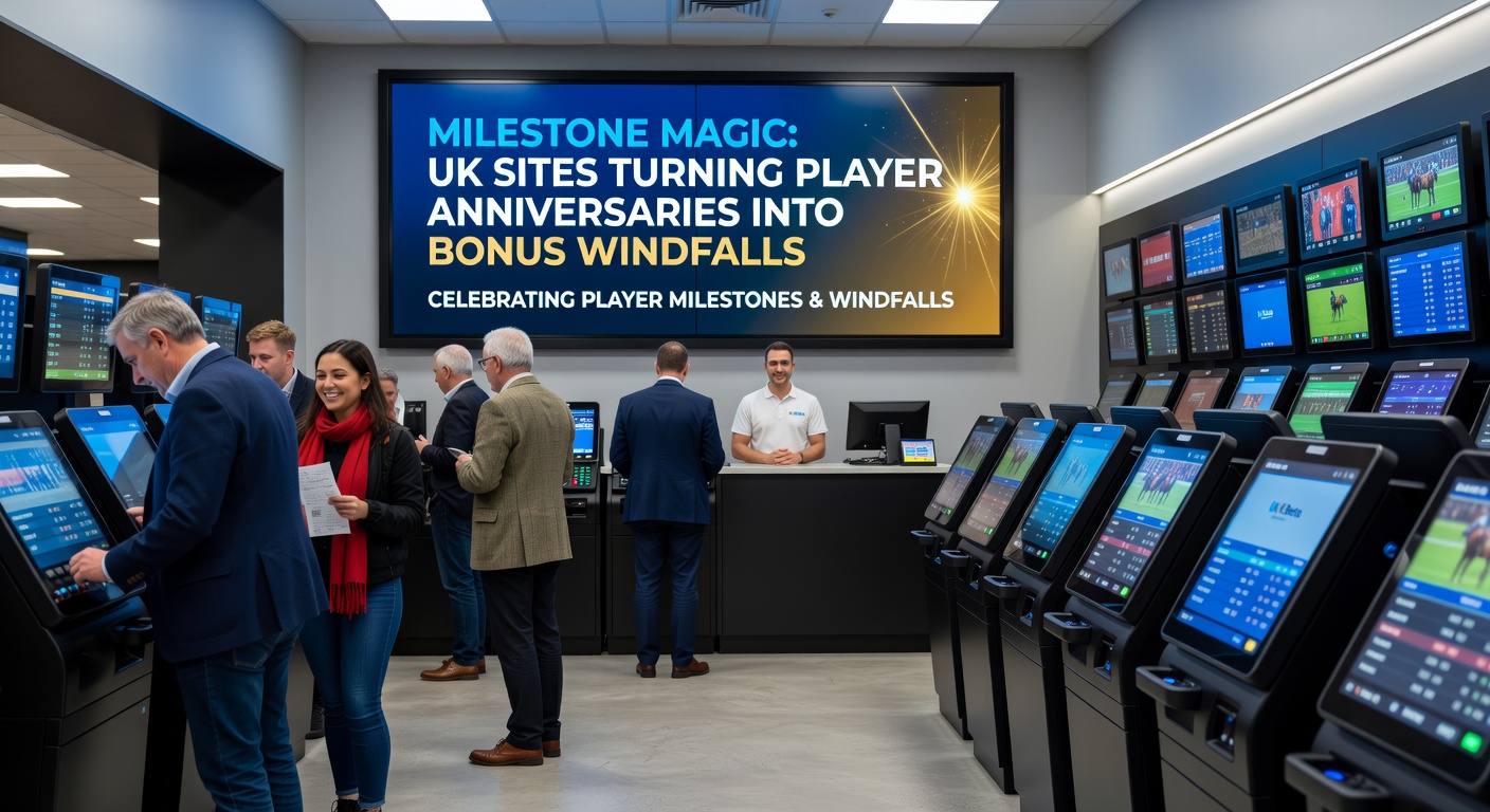 Screenshot of a UK gambling app dashboard highlighting a player's glowing anniversary notification with bonus icons for free spins and bet credits