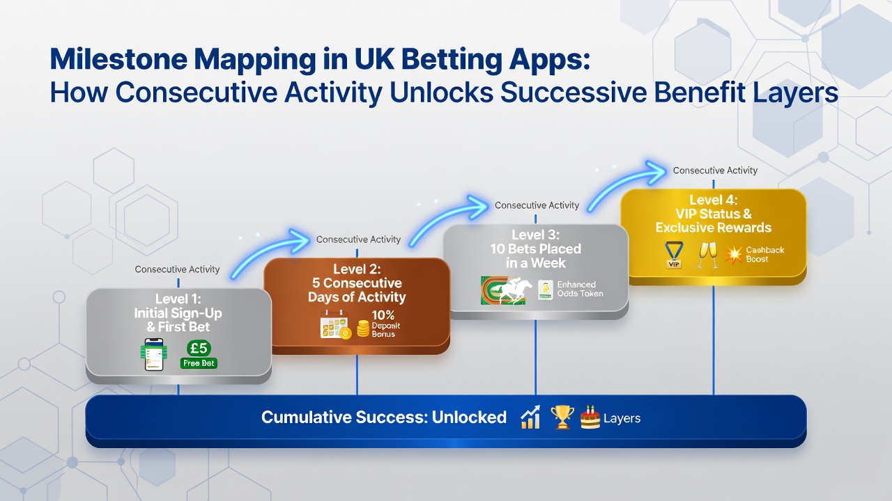 Illustration of milestone mapping interface in a UK betting app showing activity streaks and layered rewards