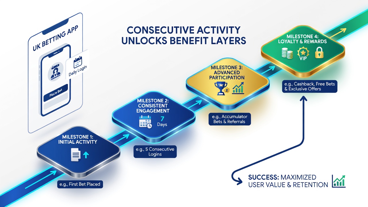 Screenshot of successive benefit layers displayed within a UK betting app milestone tracker