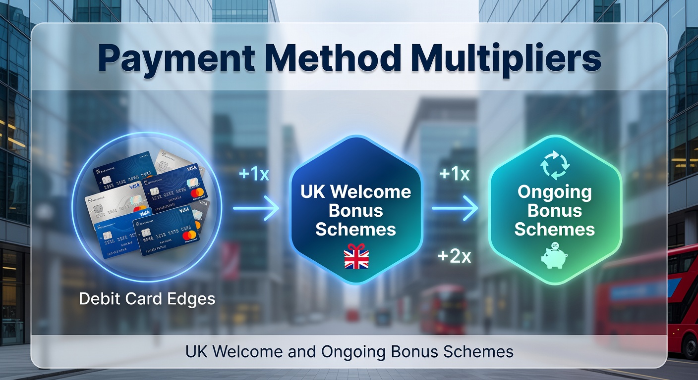 Illustration of debit cards unlocking enhanced bonus multipliers in UK gambling platforms, showing stacked rewards and payment icons