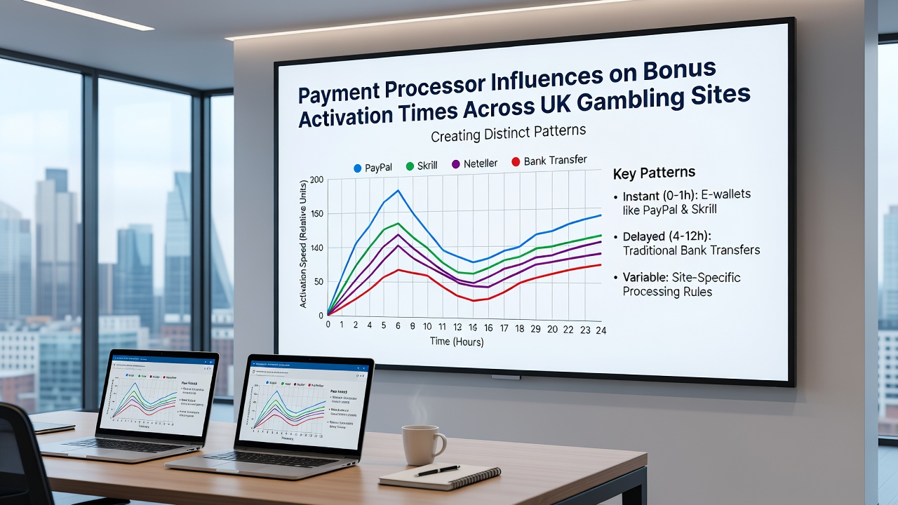 Comparative charts illustrating bonus activation time distributions by payment processor type across UK gambling operators