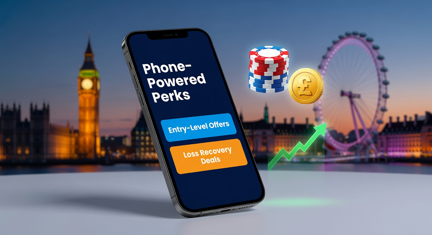 Mobile phone screen displaying a UK gambling app welcome bonus popup with free spins and deposit match offer