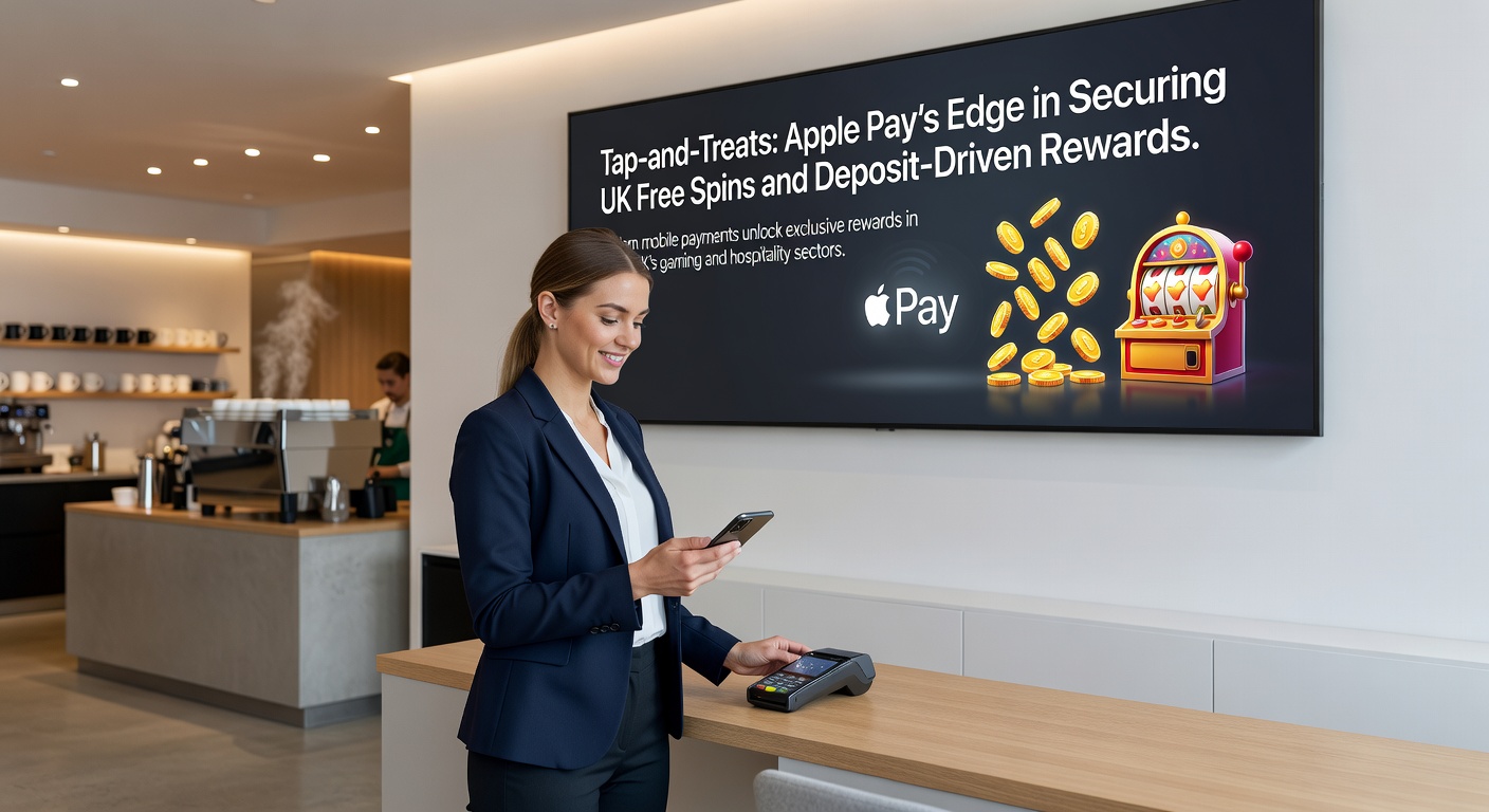 Close-up of Apple Pay interface on iPhone completing a deposit, with overlay graphics showing exploding free spins and reward notifications on a casino dashboard