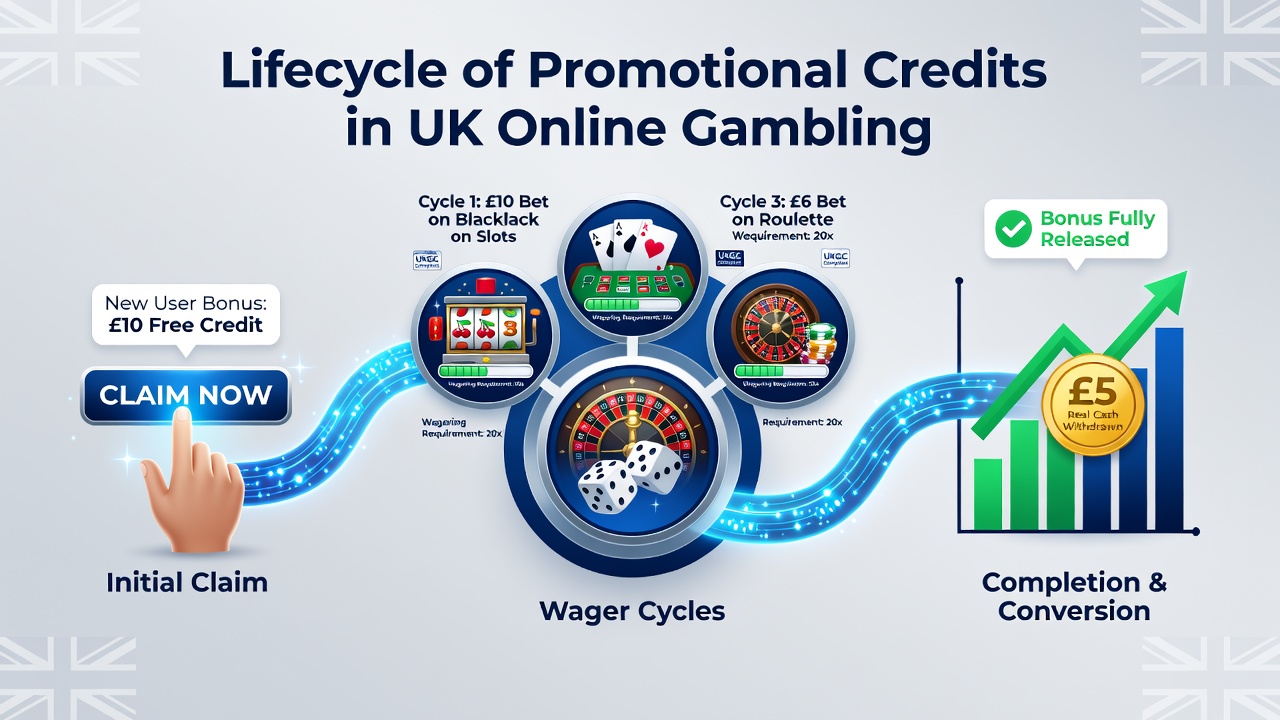Flowchart showing the journey of promotional credits from claim to multiple wager cycles on UK gambling platforms