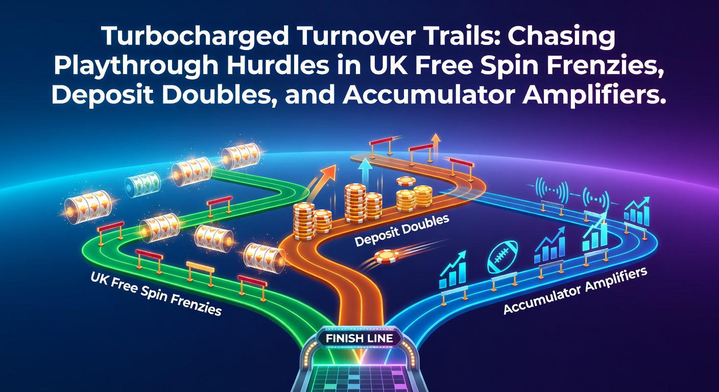 Dynamic graphic showing a racer speeding through a winding track lined with casino slots, doubled deposit icons, and stacked accumulator bets under UK flags