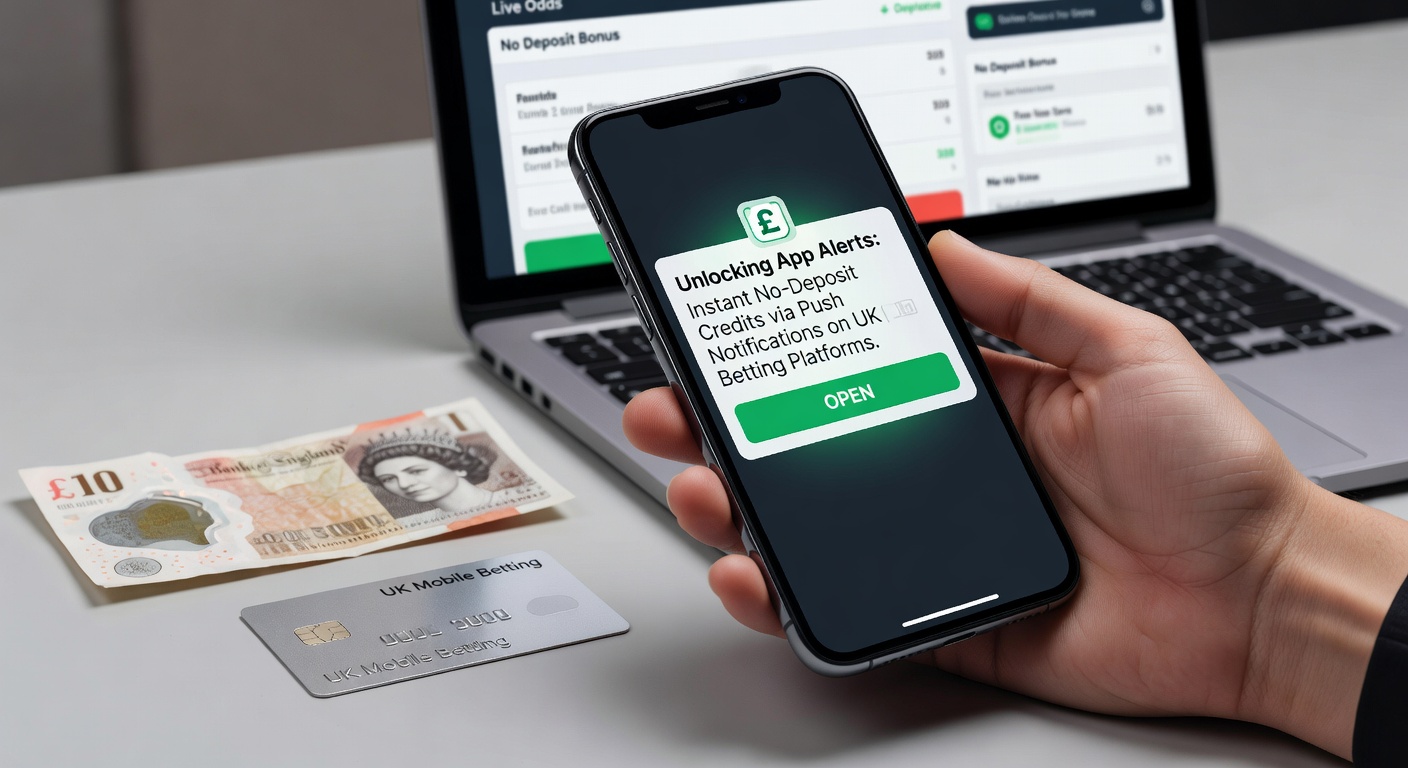 Smartphone screen showing a push notification for instant no-deposit credits on a UK betting app, with a vibrant alert popping up amid sports odds and casino games