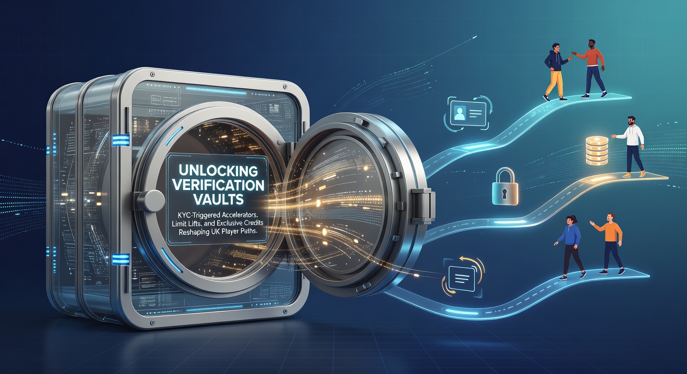 Digital vault unlocking with KYC documents and bonus icons glowing on a UK gambling platform interface