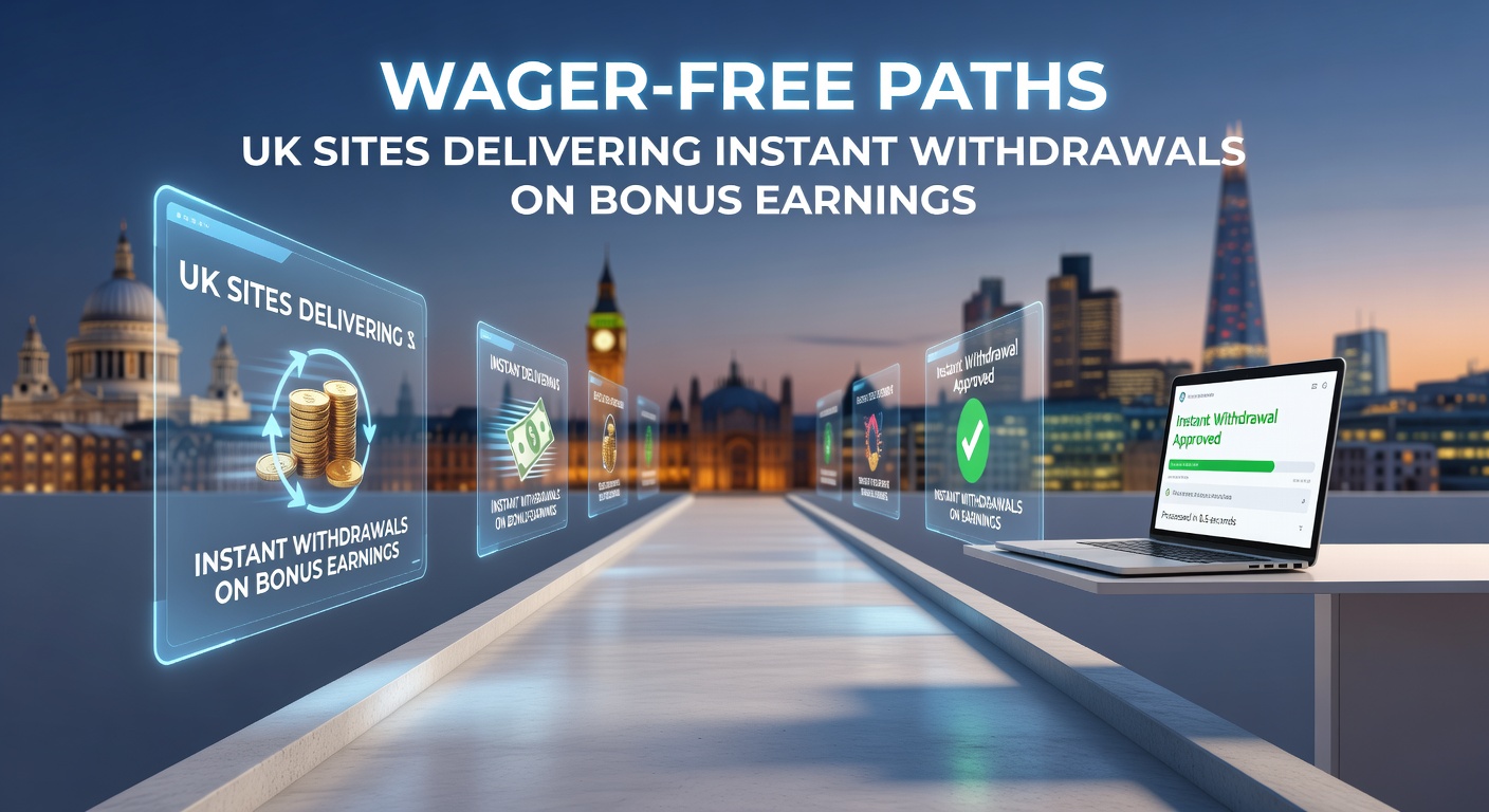 Illustration of a gambler cashing out winnings instantly from a wager-free bonus on a UK betting site, showing a phone screen with immediate withdrawal confirmation